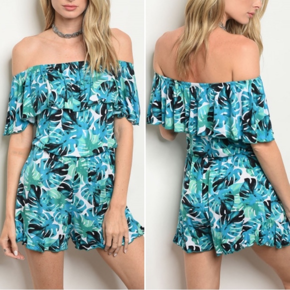 Pants - SALE! TURQUISE PALM OFF SHOULDER ROMPER